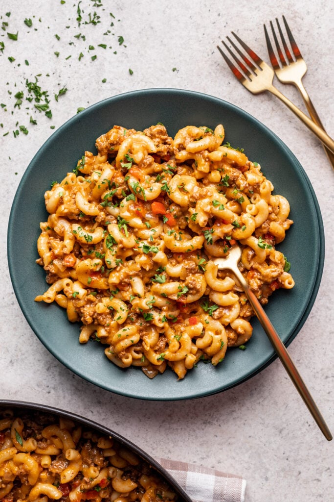 sloppy joe pasta in a bowl with a fork