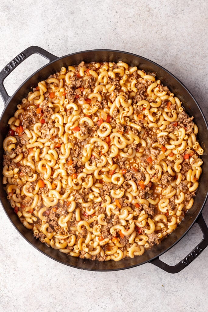 cooked sloppy joe pasta bake in a skillet