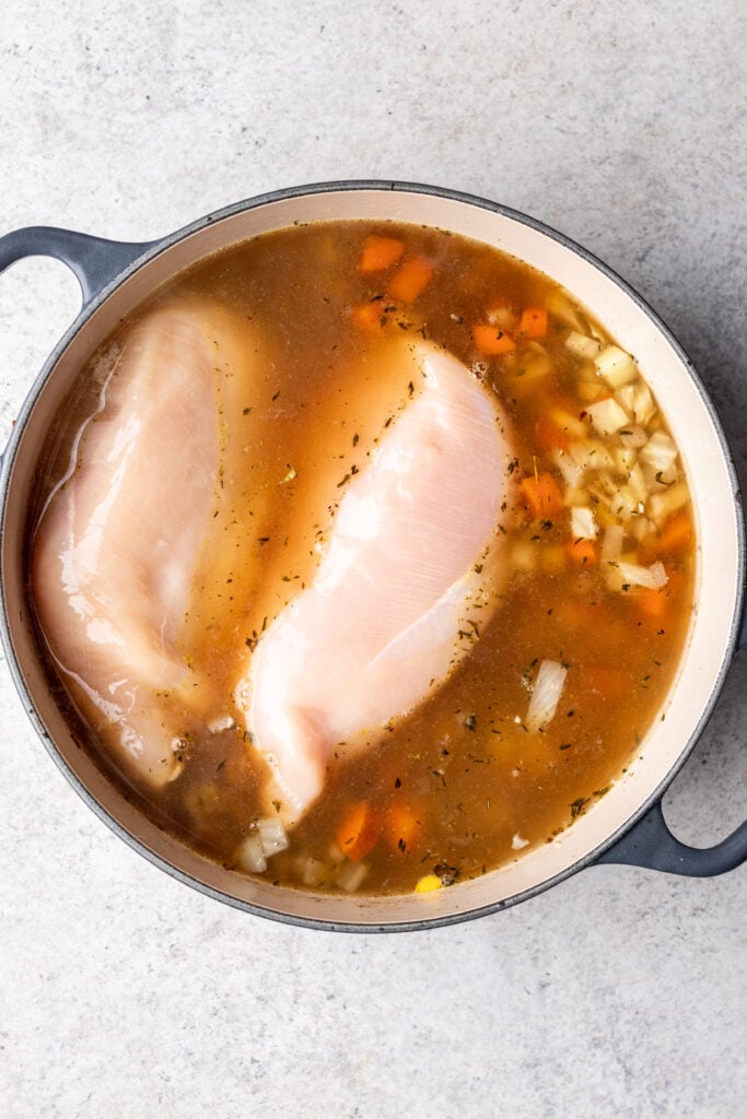 large pot of soup with raw chicken breasts