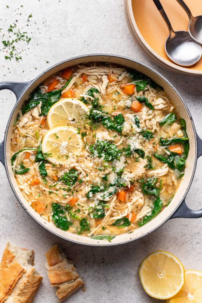 large pot of chicken lemon orzo soup