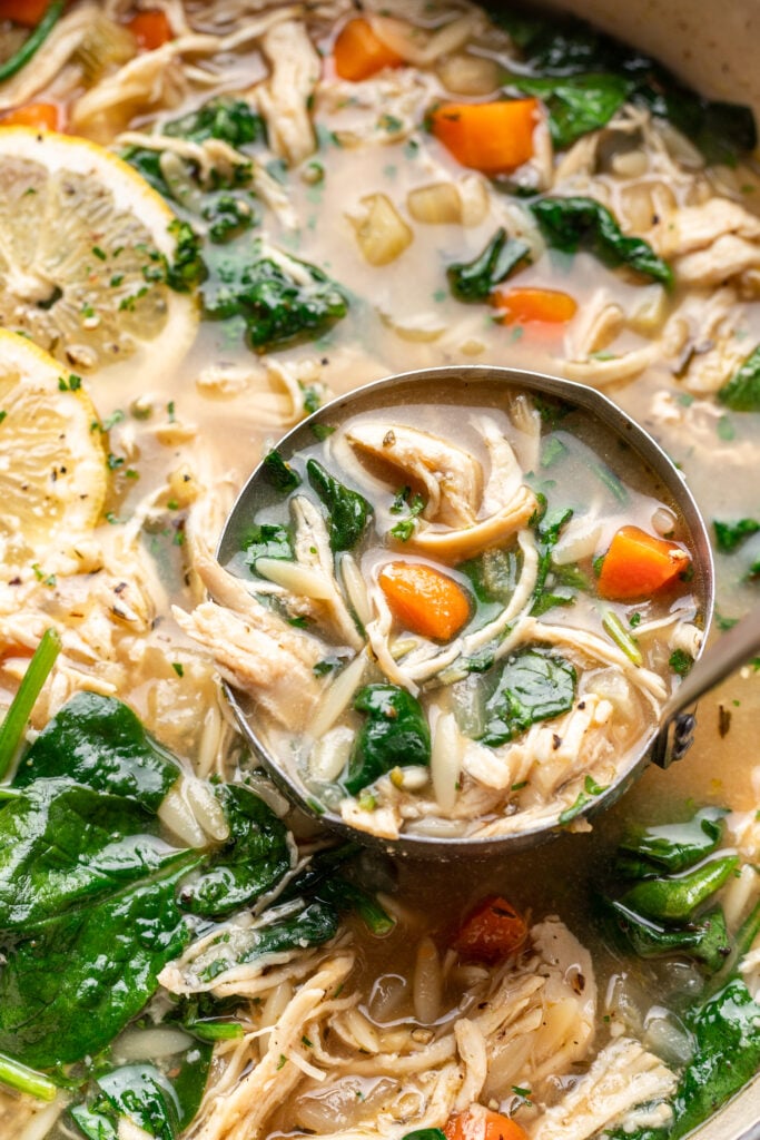 chicken lemon orzo soup with a ladle