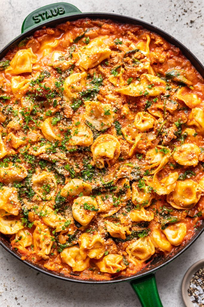 Tortellini pasta in a skillet