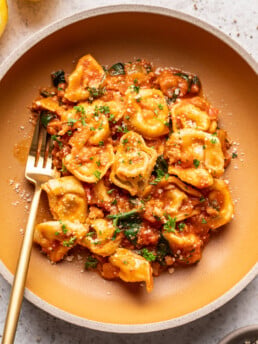 tortellini pasta in a bowl with a fork