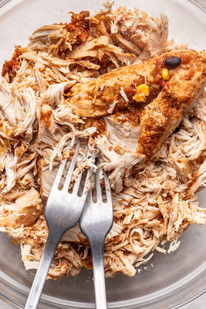 shredded chicken with two forks