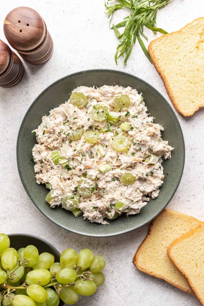 chicken salad in a grey bowl