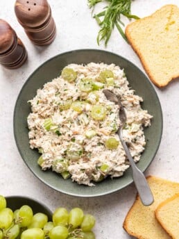 Chicken salad in a grey bowl