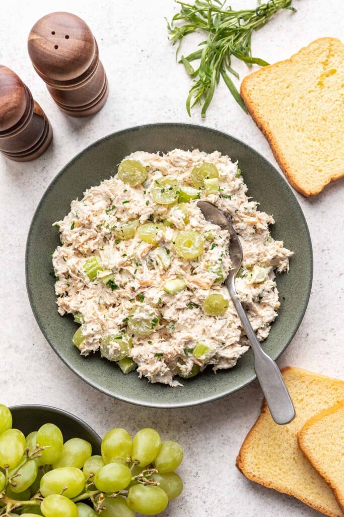 Chicken salad in a grey bowl