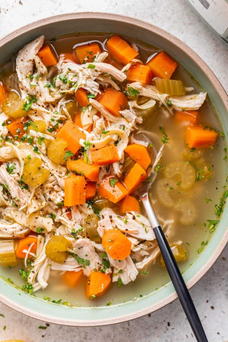 chicken noodle soup with carrots and celery and a spoon