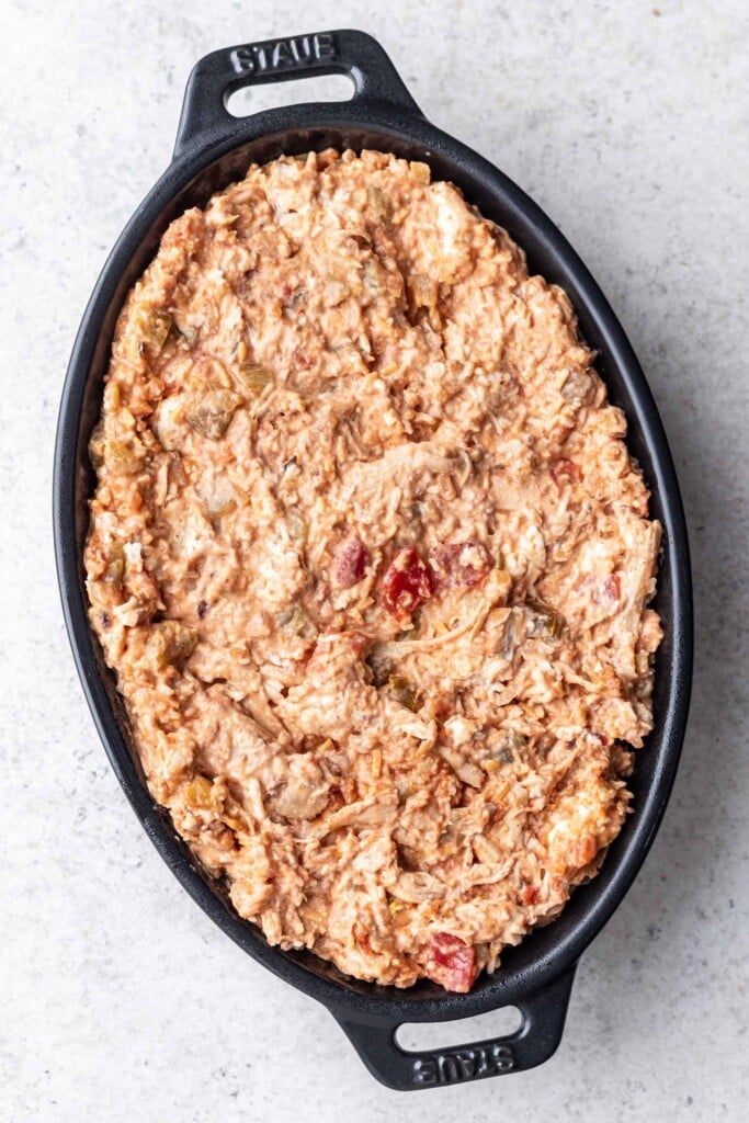 shredded chicken dip in baking dish