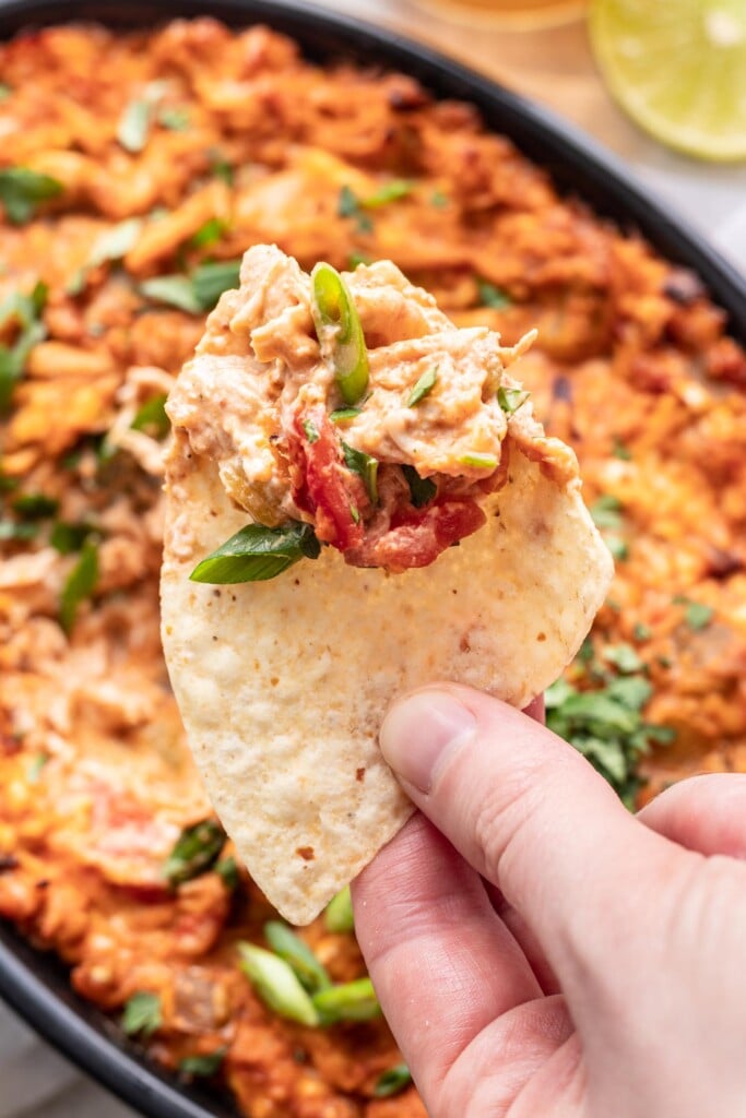a chip with shredded chicken taco dip