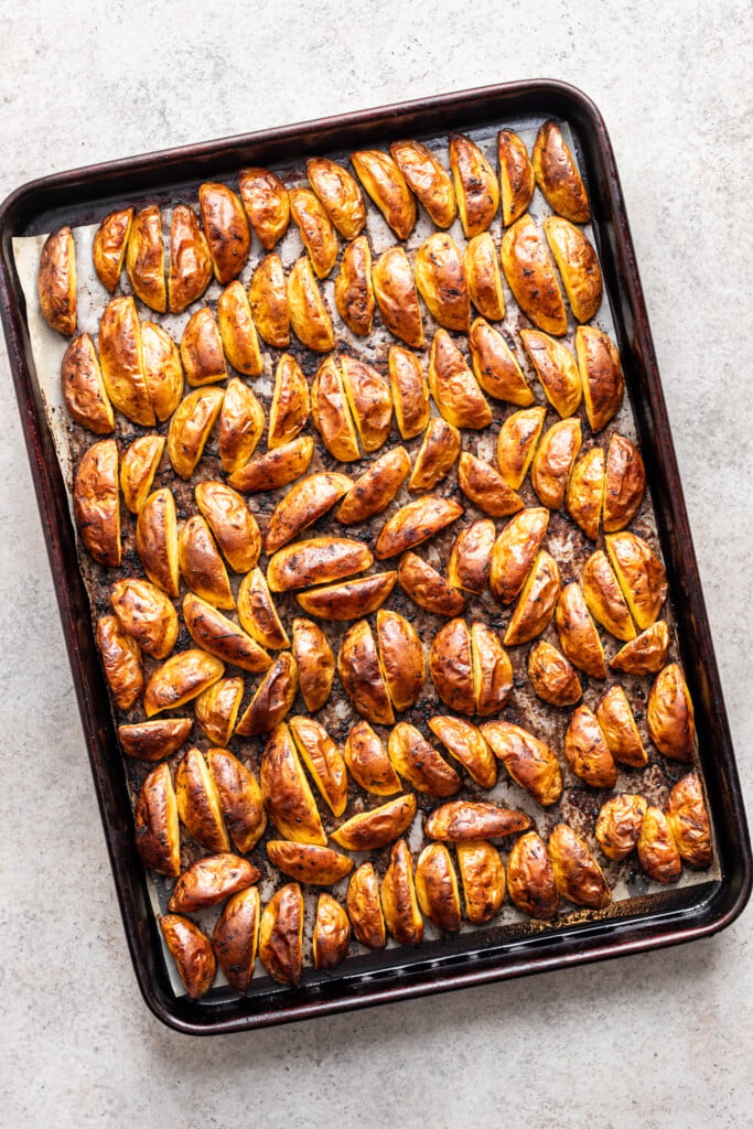 roasted potatoes on a sheet pan