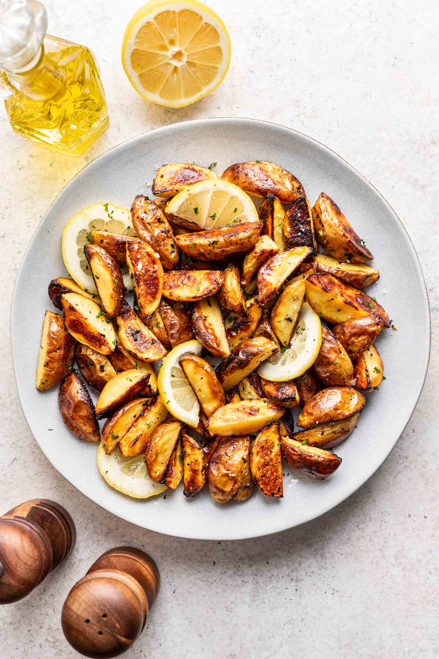 roasted lemon mustard potatoes in a white bowl