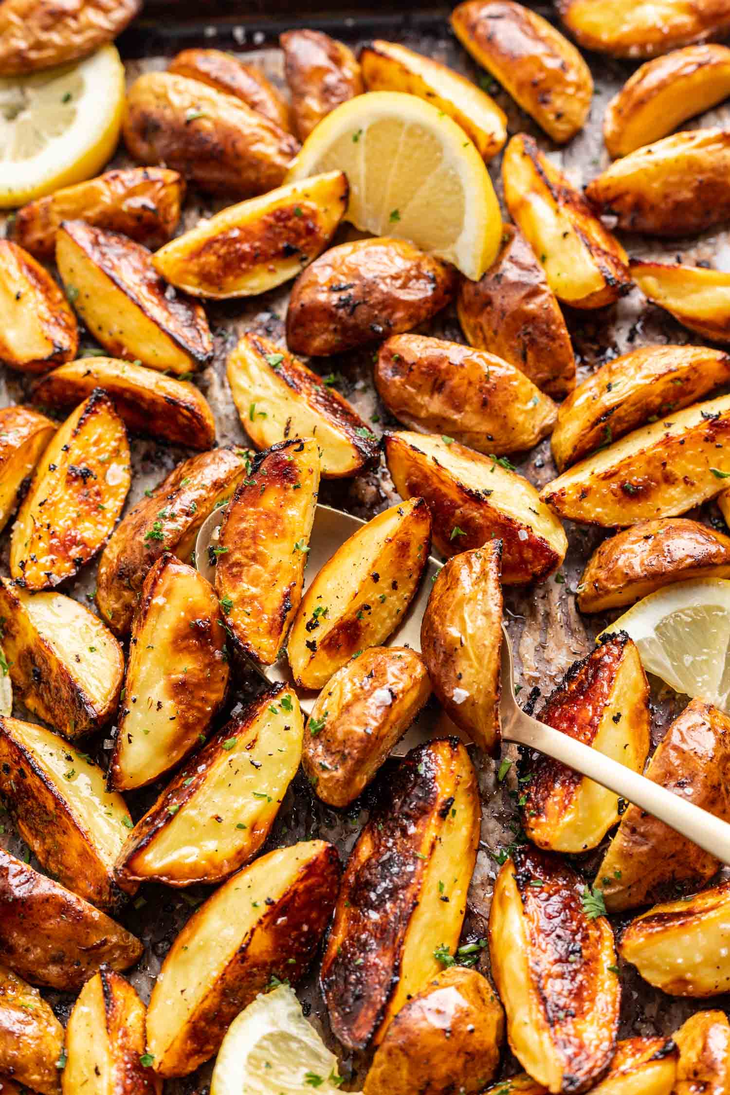 roasted lemon mustard potatoes on a sheet pan
