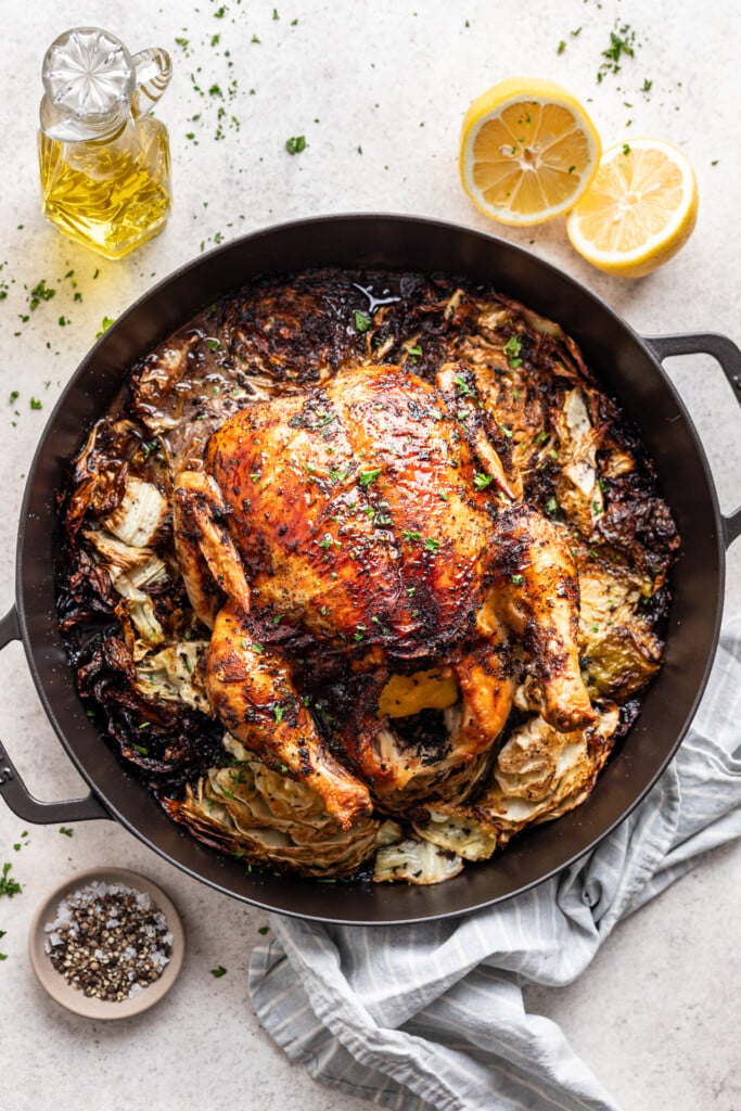 sumac lemon chicken on a bed of cabbage