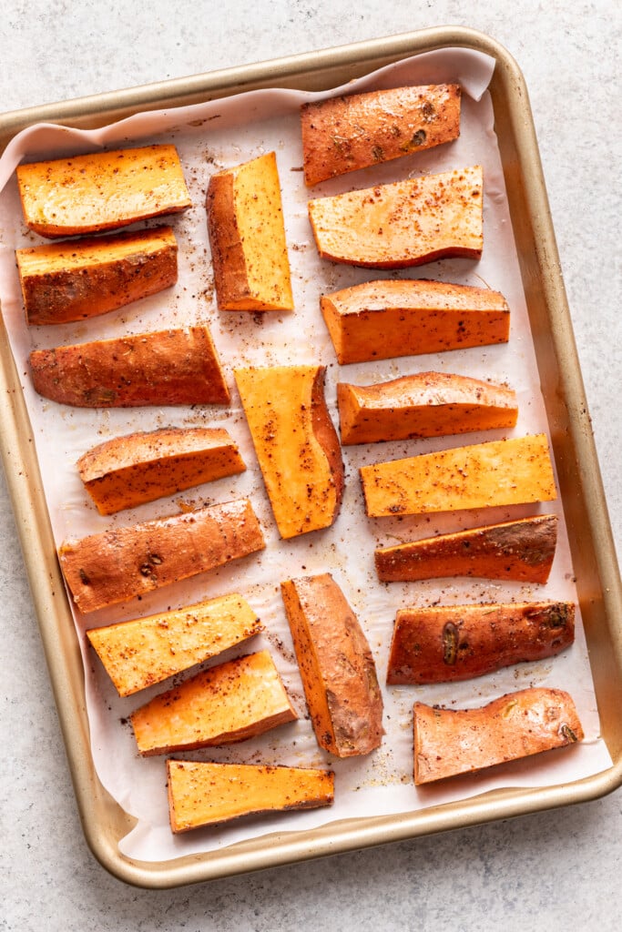 sheet pan with sweet potato wedges