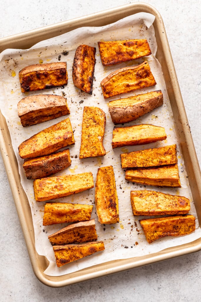 sheet pan with roasted sweet potatoes