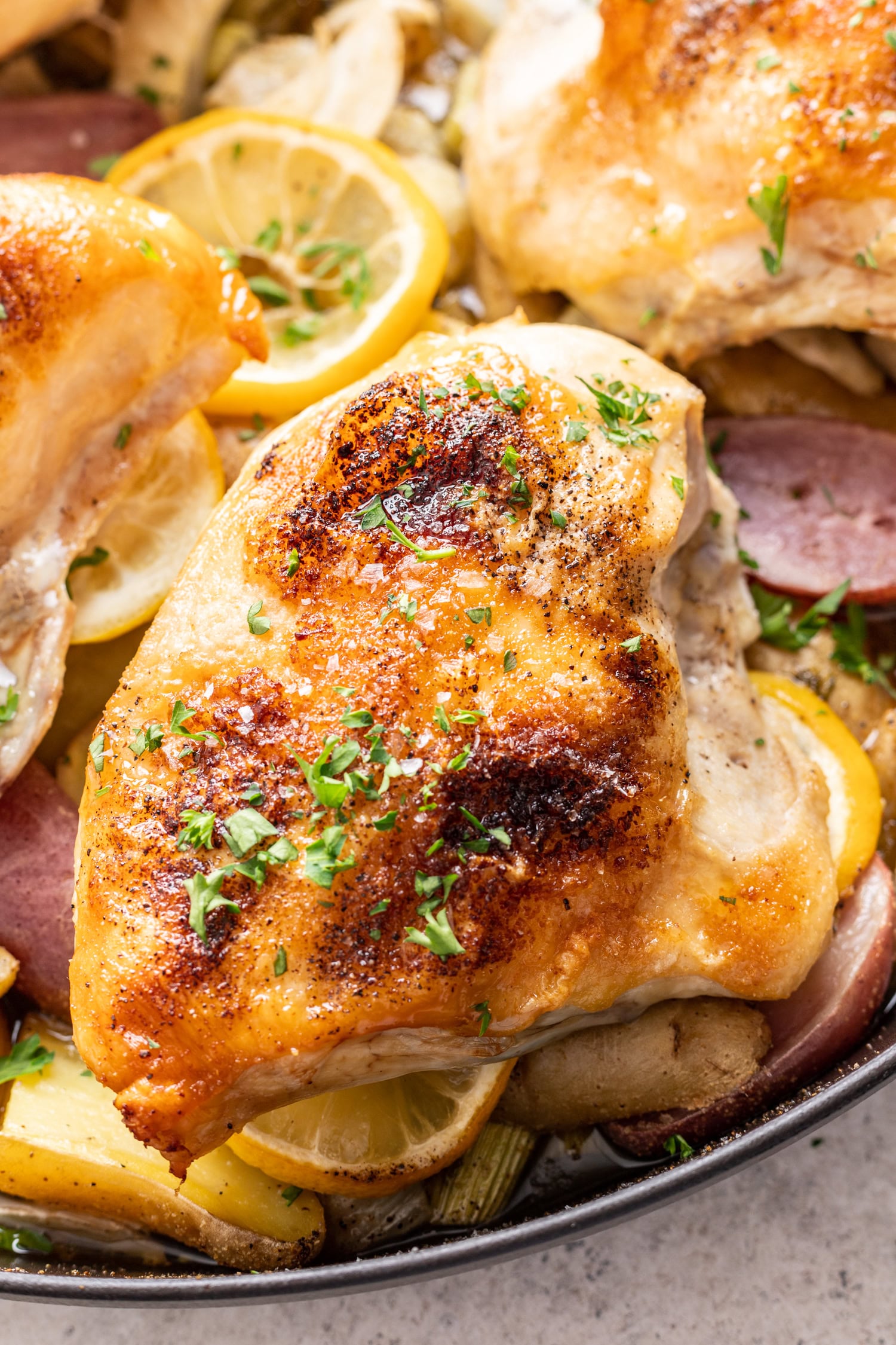 cooked piece of chicken with crispy skin