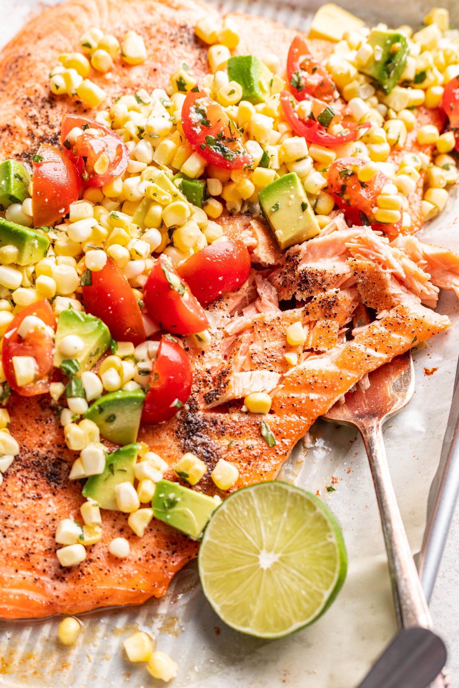 flaked salmon with corn salsa