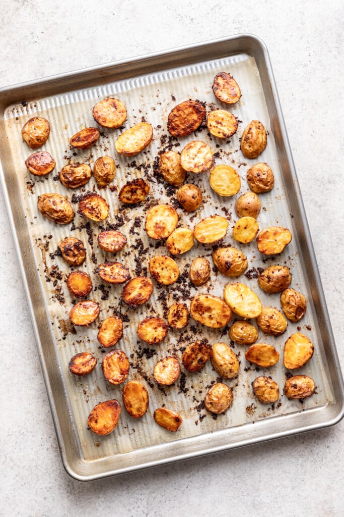 sheet pan with roasted baby potatoes