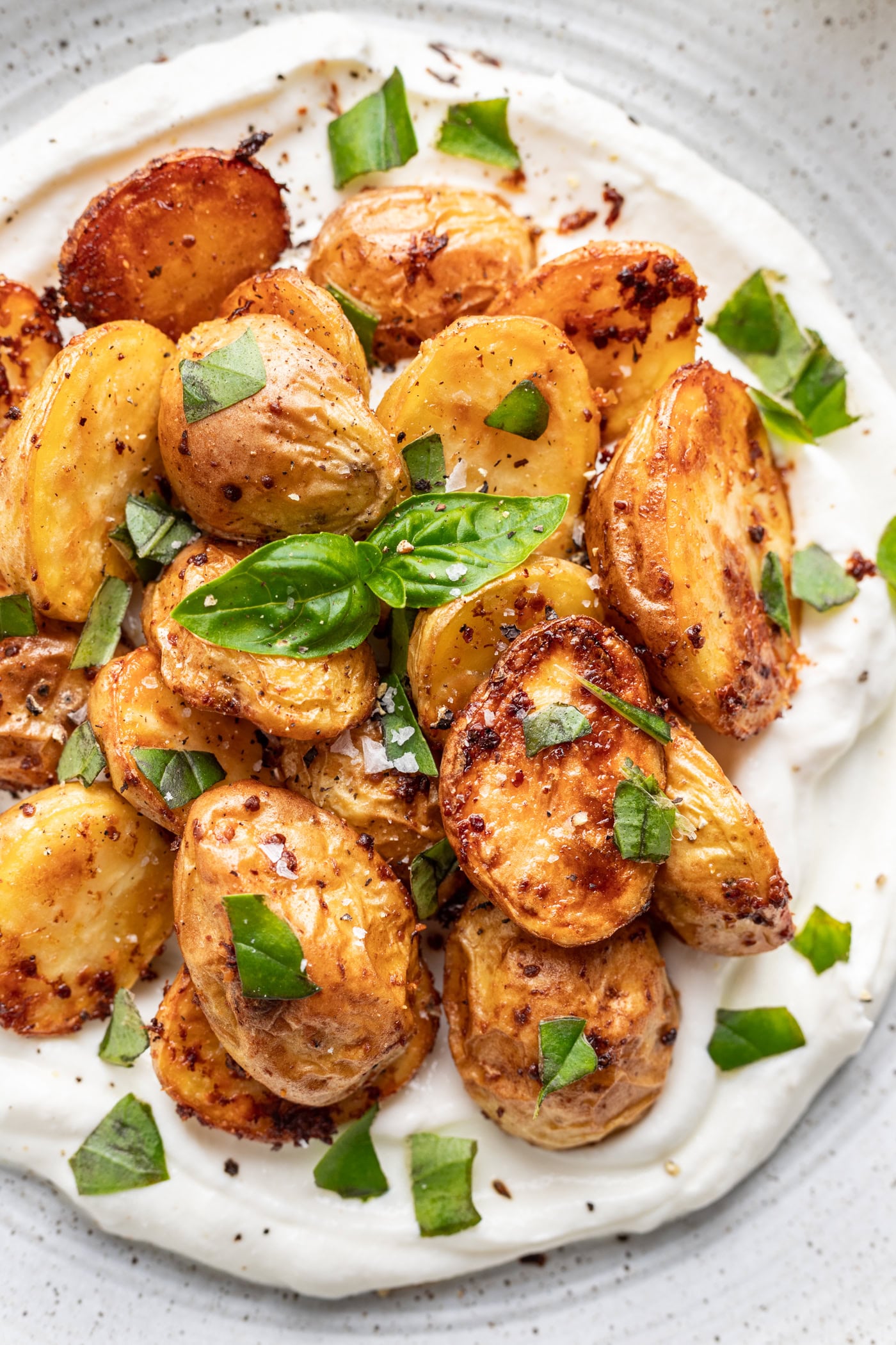 roasted potatoes on a bed of greek yogurt sprinkled with mint