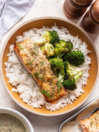 salmon, broccoli and rice in a bowl