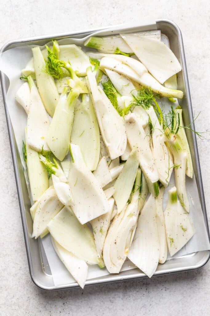raw fennel on a sheet pan