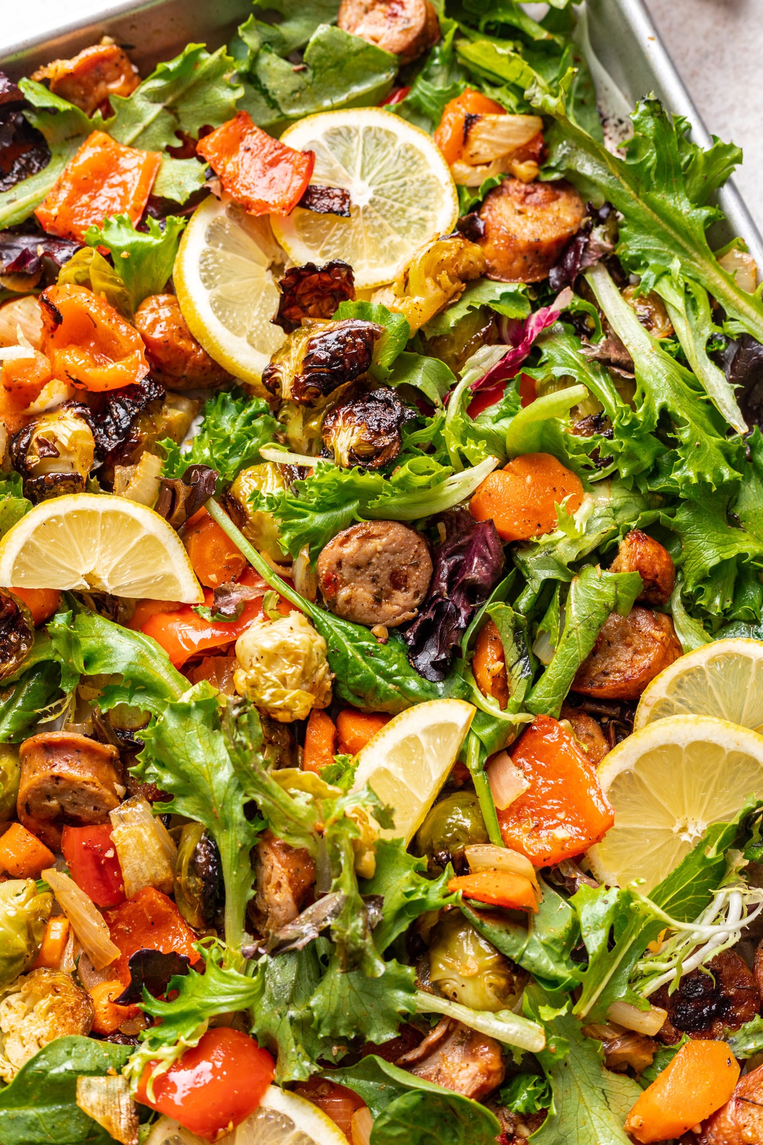 roast veggies with greens and chicken sausage