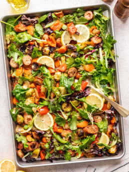 Sheet pan with chicken sausage and colorful veggies