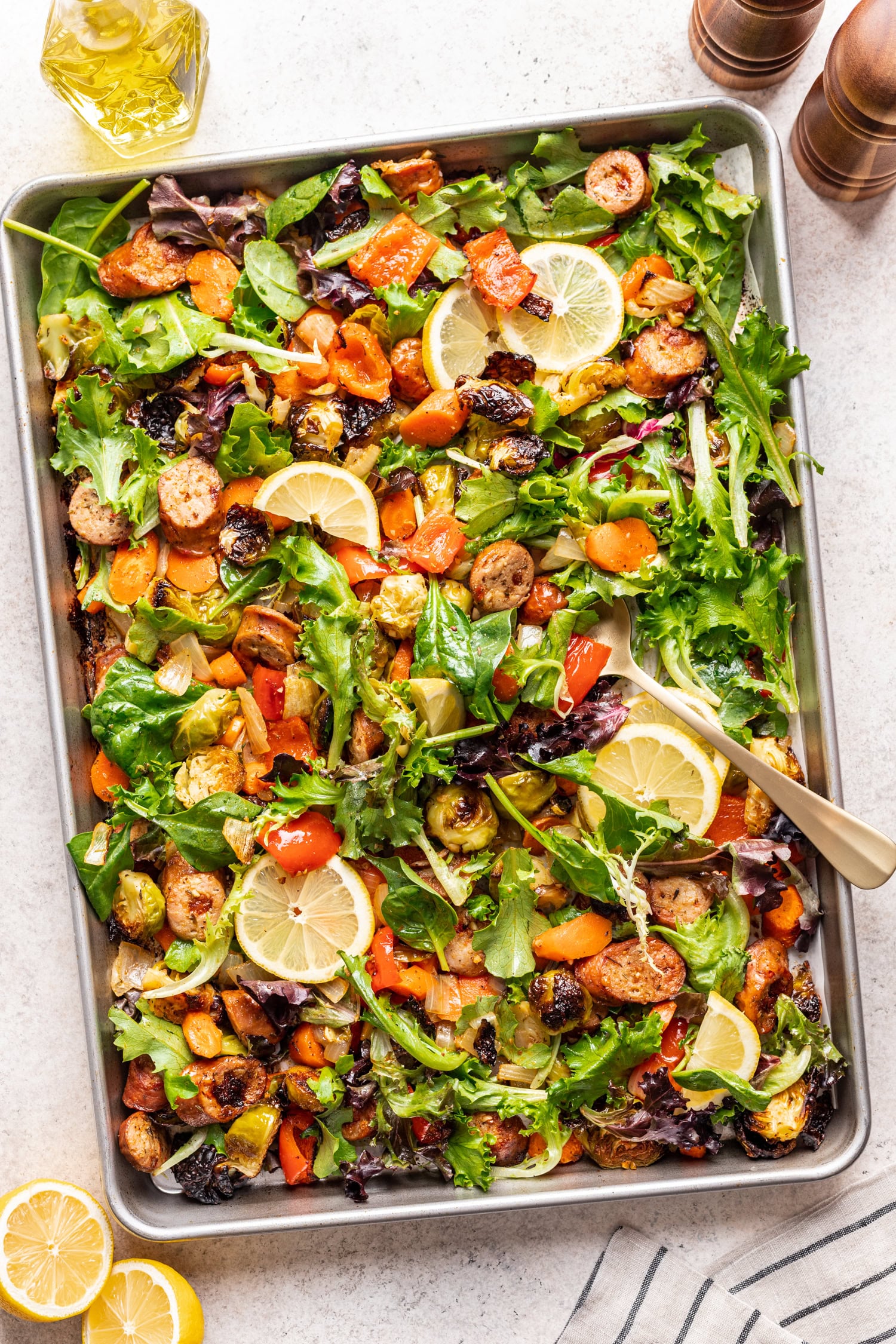 Sheet pan with chicken sausage and colorful veggies