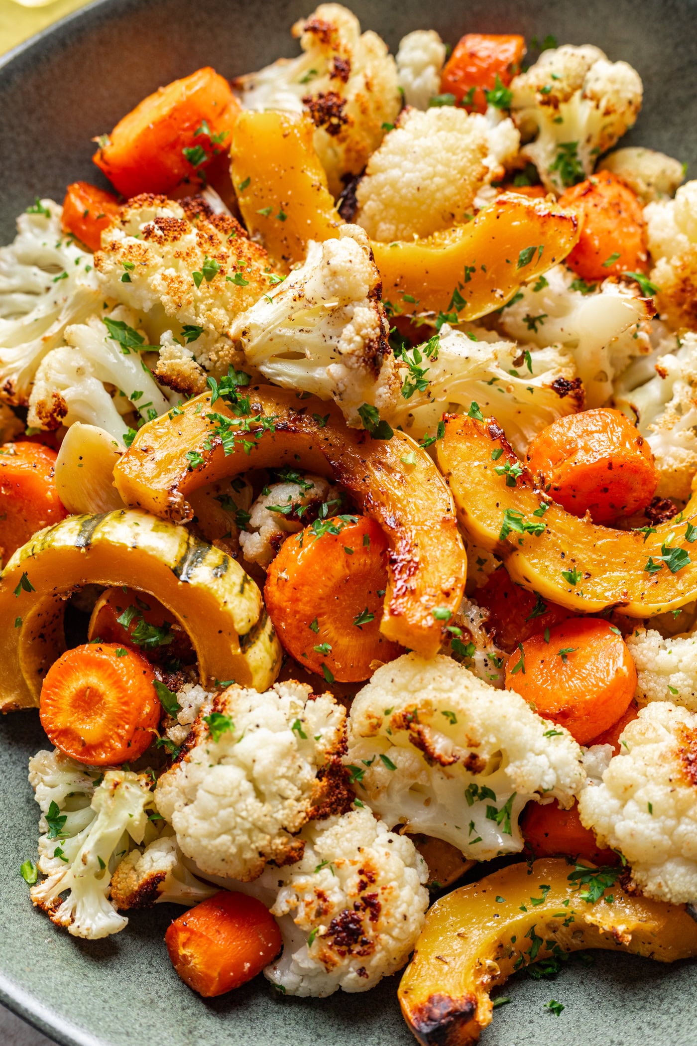roasted veggies in a grey bowl