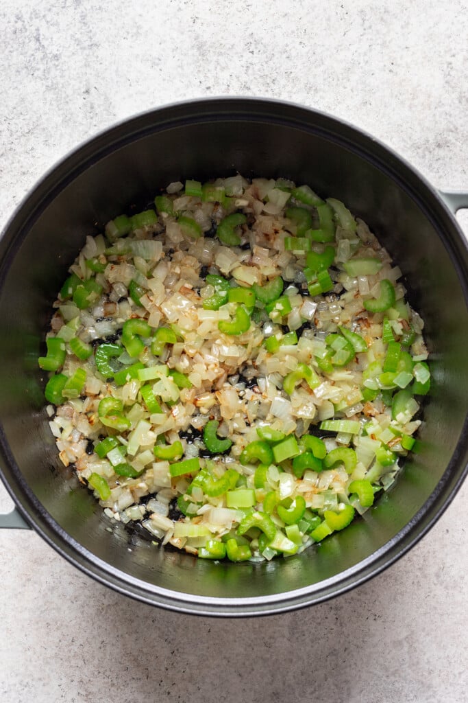 sauteed onion and celery in a large pot