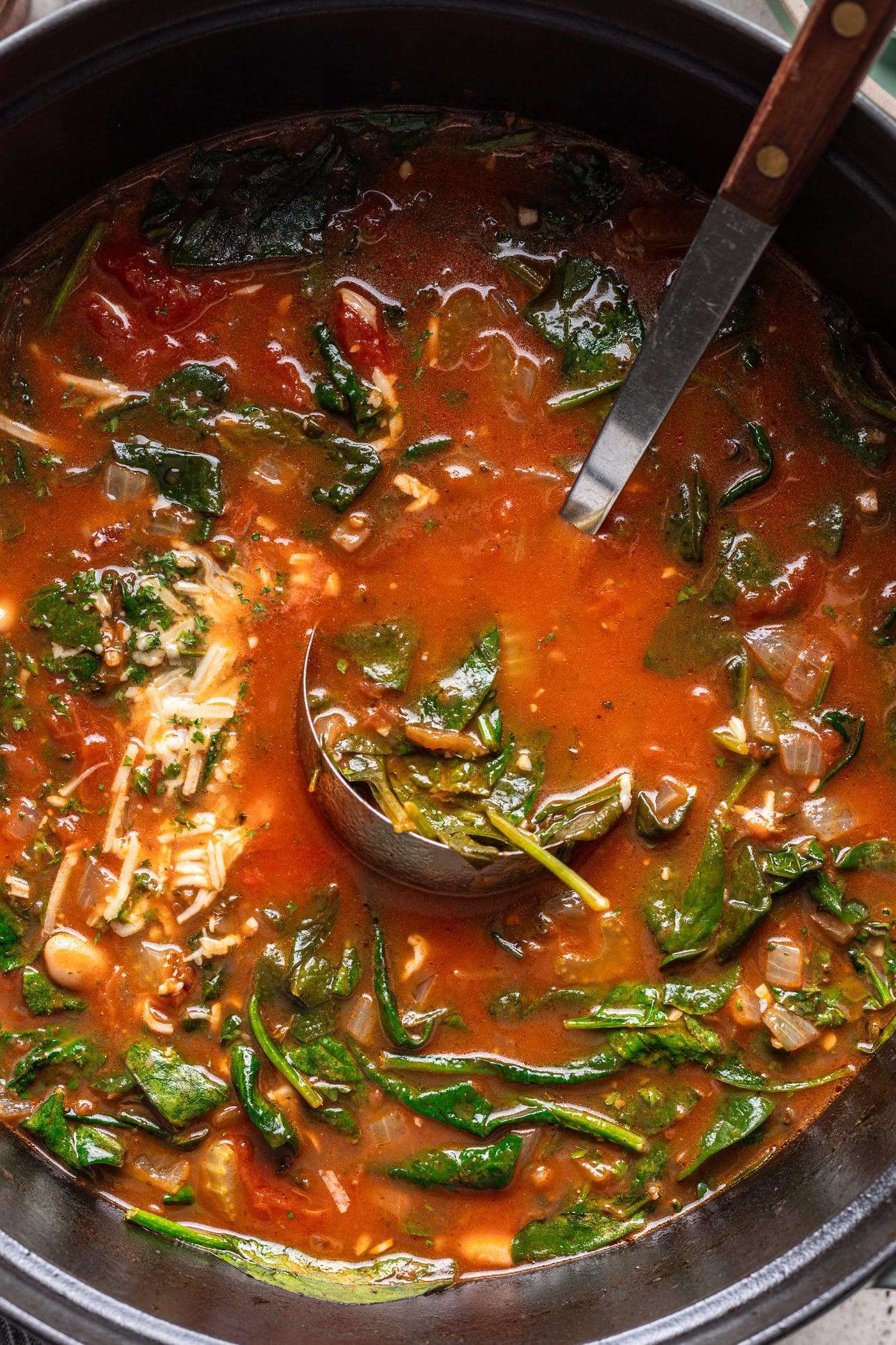 big pot of soup with a ladle