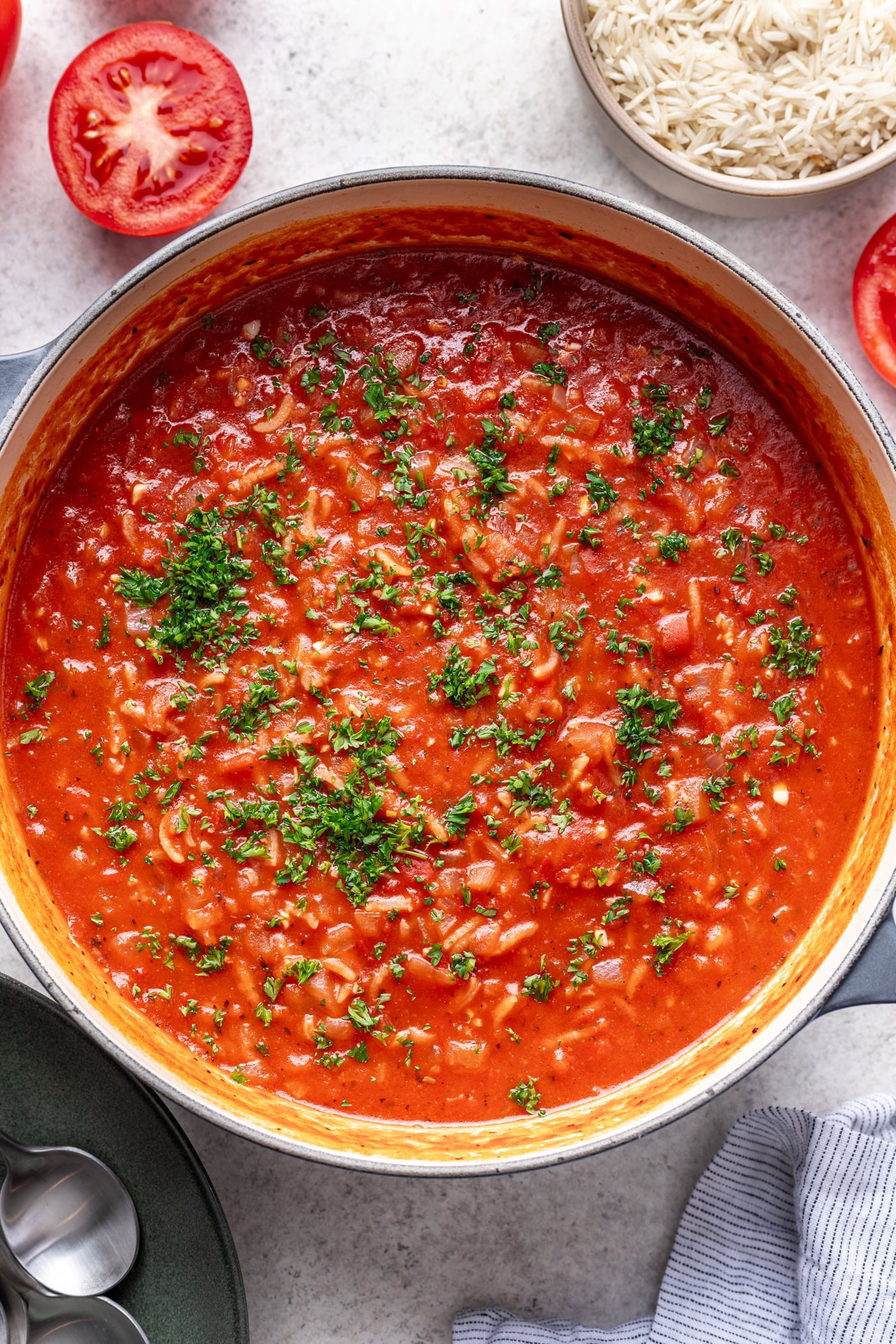 big pot of tomato rice soup
