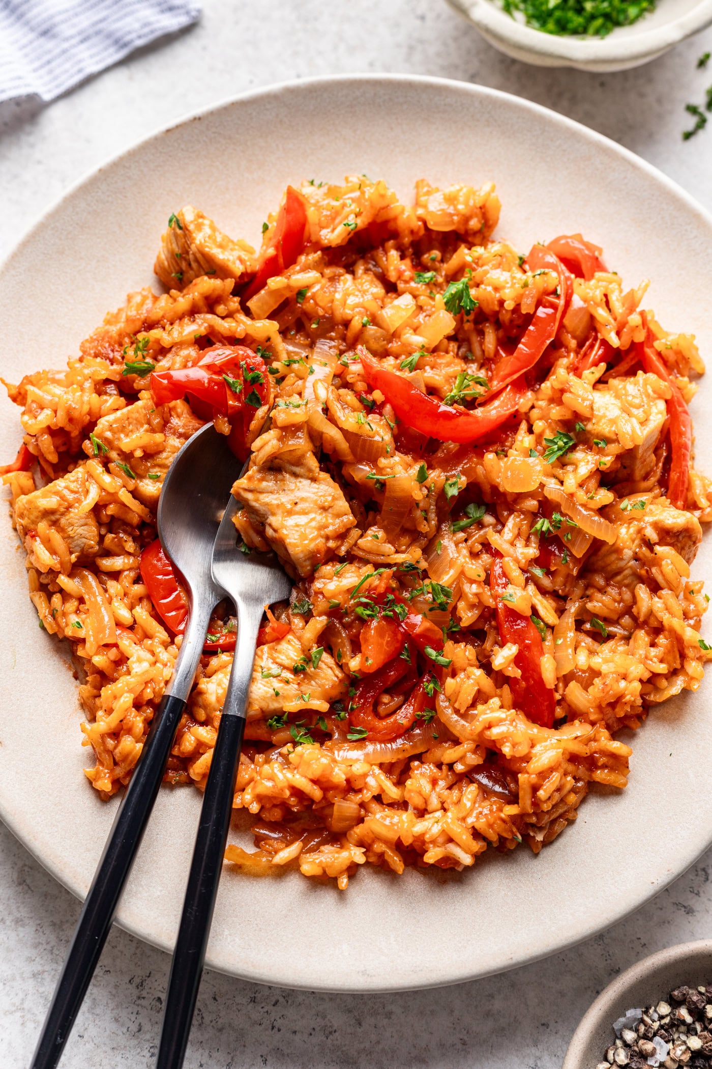chicken and rice dinner in a white bowl