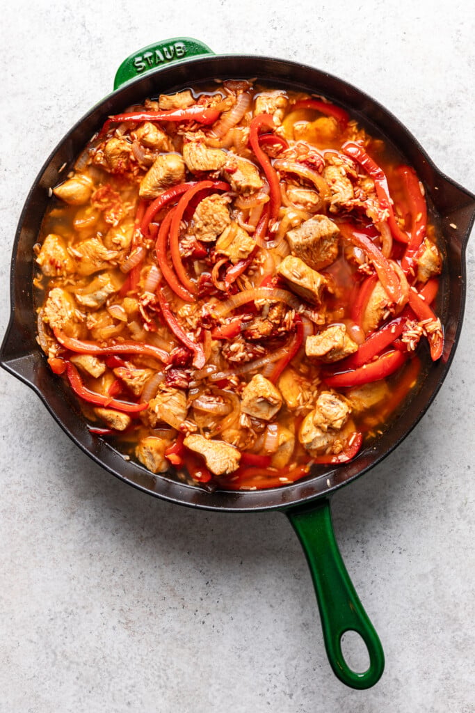 chicken and rice dinner in a skillet