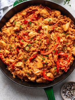 chicken and rice in a skillet