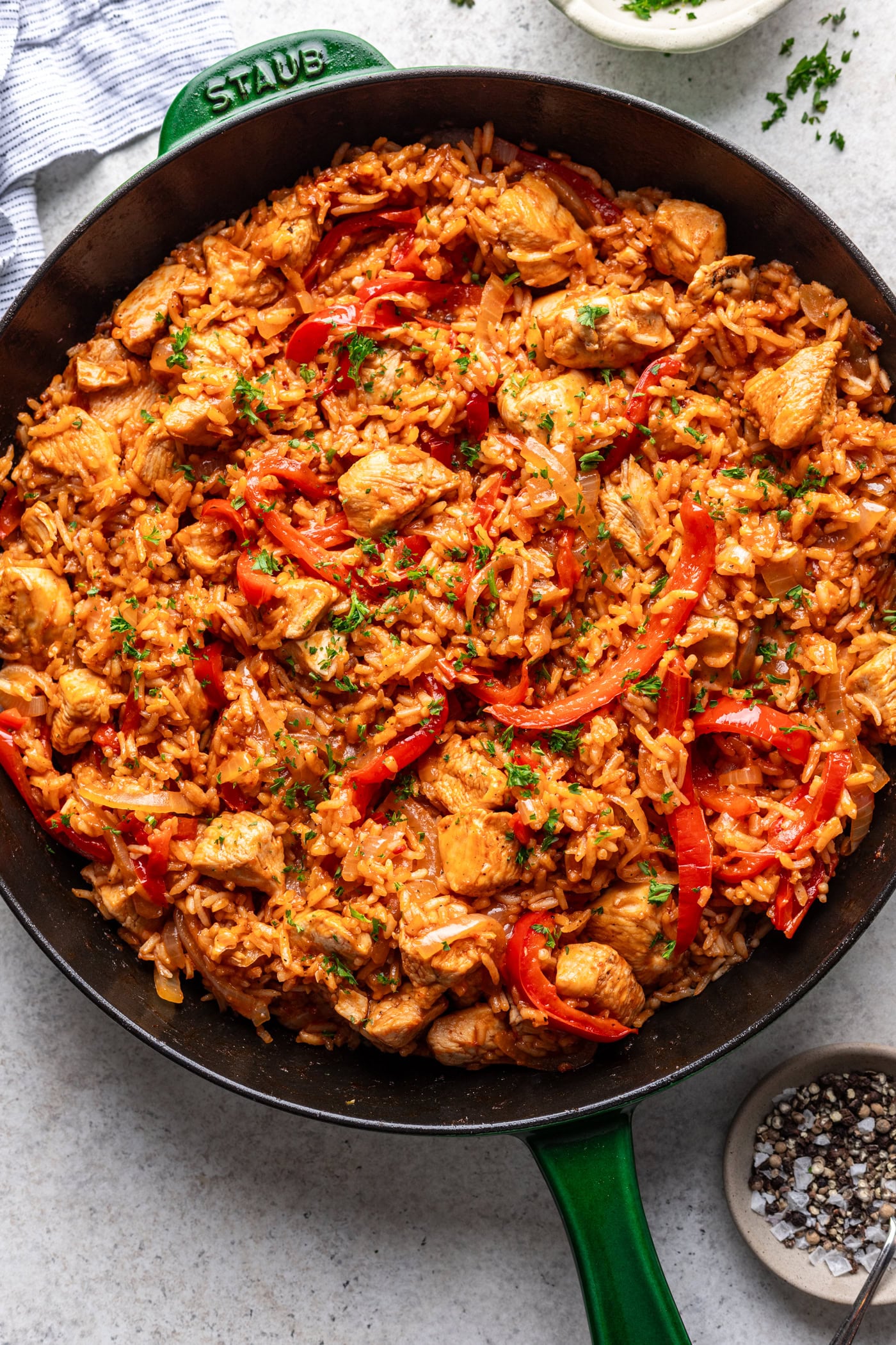 chicken and rice in a skillet