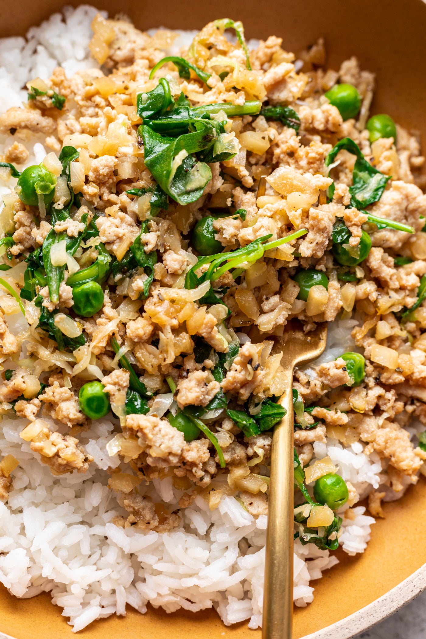 ground turkey and veggies over rice with a fork