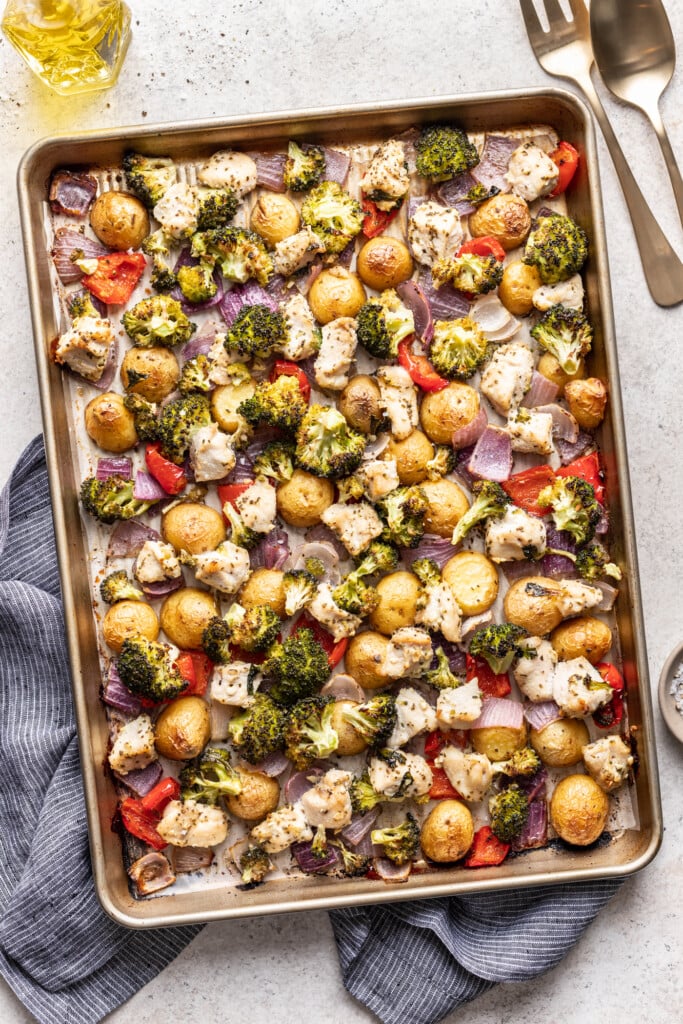 roasted chicken and veggies on a sheet pan