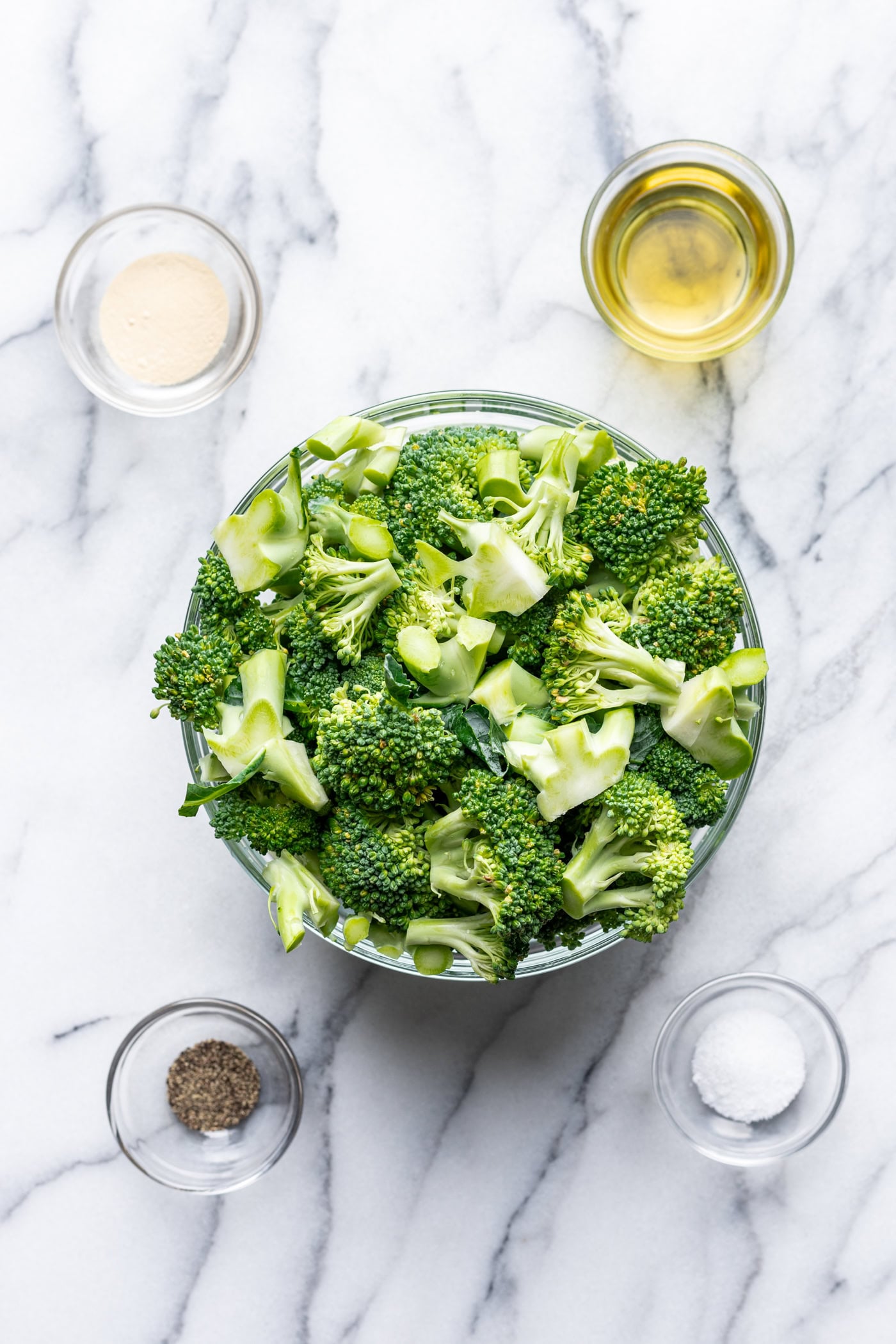 bowls of ingredients on a marble background