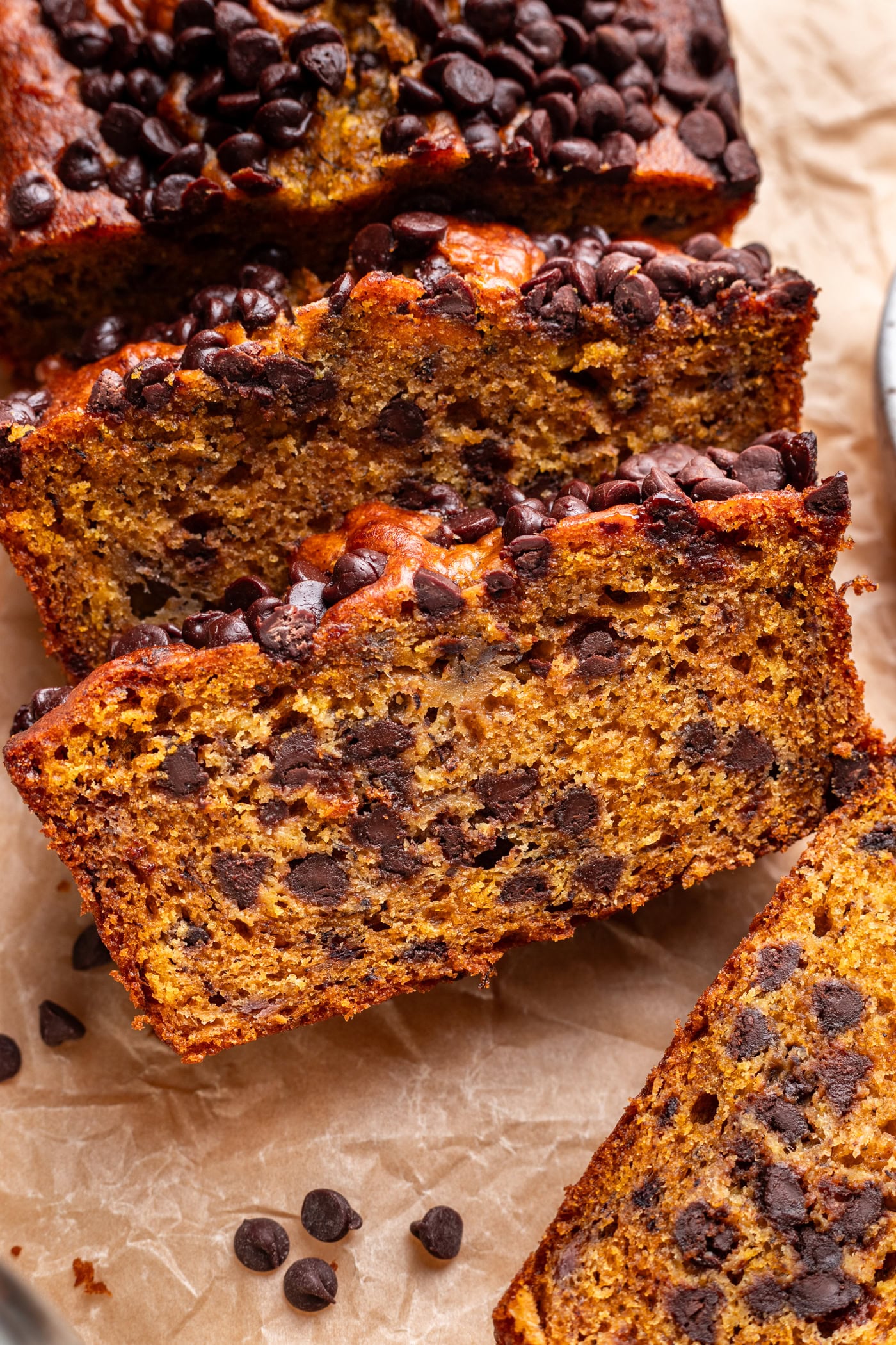 chocolate chip pumpkin banana bread in slices