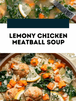 Close-up of a bowl of lemony chicken meatball soup with spinach, carrots, orzo pasta, lemon wedges, and herbs in a clear broth. The text reads Lemony Chicken Meatball Soup and cupcakesandcoffeebreaks.com.
