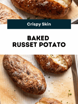 Top: A split, fluffy baked russet potato with crispy skin, topped with butter and chives. Bottom: Three whole baked russet potatoes on parchment paper. Text reads “Baked Russet Potato” and “cupcakesandcoffeebreaks.com.”.
