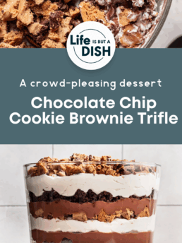 A layered chocolate chip cookie brownie trifle in a glass bowl, with whipped cream, chocolate pudding, and cookie pieces, shown from the top and side. Text overlay reads: “Chocolate Chip Cookie Brownie Trifle.”.