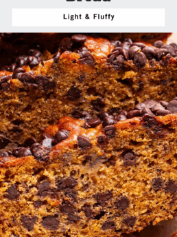 Close-up of thick, moist slices of chocolate chip pumpkin banana bread, showing a dense texture with plenty of chocolate chips. Text above describes it as light and fluffy; the bottom has a Cupcakes And Coffee Breaks logo.